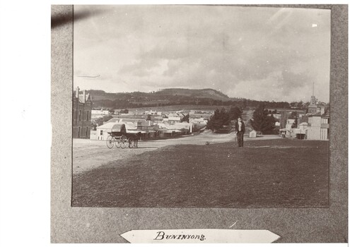 View of Buninyong looking up Learmonth Street, with details of buildings.