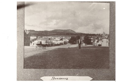 View of Buninyong looking up Learmonth Street, with details of buildings.