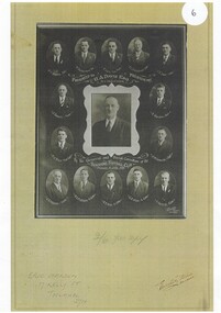 Montage of portraits of Buninyong Football Clun Committee members, all male, 1935. President in square ornate frame centre, 14 smaller oval head and shoulders portraits surrounding him. All are named.