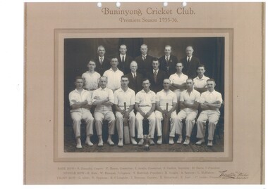 Formal studio photo of 1935 Cricket team and committee.  Team members i9ncricket whites, seven seated at front, two holding cricket bats. Middle row standing, team members two each side, two  Committee members centrre in suits, back row five men in suits standing on  rostrum.