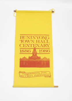 Large Yellow Banner- Buninyong Town Hall Centenary 1886-1986, with picture of the town hall