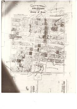 Plan of Township of Buninyong in March 1856 showing street names, private properties, subdivided residential blocks, Public Garden Reserves and Church and Public property