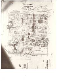 Plan of Township of Buninyong in March 1856 showing street names, private properties, subdivided residential blocks, Public Garden Reserves and Church and Public property