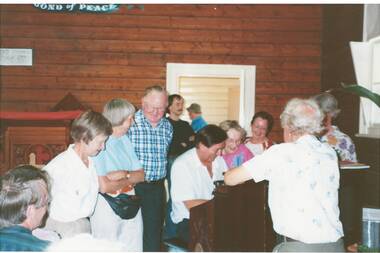 Interior of Scotsburn Union Church during the Organ Festival 1997, Sergio playing the harmonium, Jan Clarke, Marg. Cochrane as part of the audience