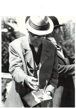 A black and white photograph of Richard Gilbert, De Soza re-enactment 1983