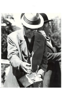 A black and white photograph of Richard Gilbert, De Soza re-enactment 1983