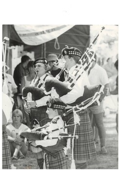 Black and White close up of members of the Ballarat Highland Pipe Band performing at the Buninyong Festival 1983