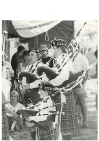 Black and White close up of members of the Ballarat Highland Pipe Band performing at the Buninyong Festival 1983