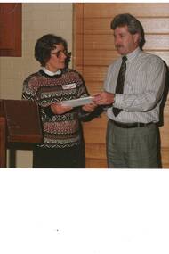 Colour photograph of Topsy Nevett and Peter Mangan CEO at a Buninyong Shire function in 1991