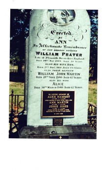 Colour photograph of the Prater family marble headstone  erected by Anne in memory of her husband William Prater in 1910 and engraved with names of several members of the Prater family