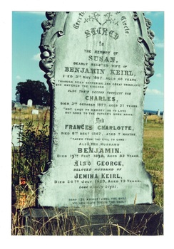 Ornate, upright marble headstone, slightly overgrown cemetery.