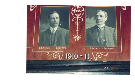 A photograph showing the Shire Engineer and Secretary taken from a large framed group of images of members of Buninyong Shire Council Members 1910-11
