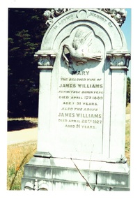Stone headstone, engraved, bas relief swan with wings raised, Arched top supported on bas-relief flat pillars.