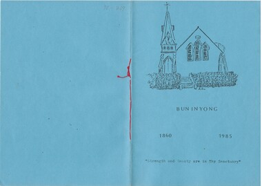This booklet outlines the Buninyong Uniting Church history from the Buninyong Presbyterian Church and its combination with the Methodist Church in 1970 