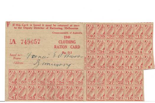 Second World War Victorian Clothing ration Card, printed in red, partially used issued in the name of Francis E Attwood, Buninyong