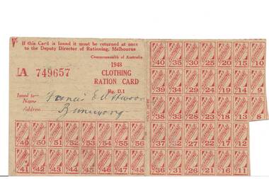 Second World War Victorian Clothing ration Card, printed in red, partially used issued in the name of Francis E Attwood, Buninyong
