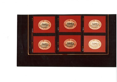 Copy of six photographs of oval-shaped beer label, text around edges "Crystal Malt Ale Buninyong" surrounding etching of Buninyong Brewery.