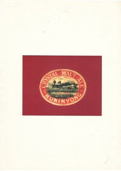 Copy of single photograph of oval-shaped beer label, text around edges "Crystal Malt Ale Buninyong" surrounding etching of Buninyong Brewery.