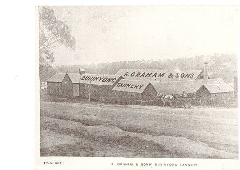 Black and white photograph of Graham's Tannery, taken from the Sebastopol Road showing several substantial buildings and the tannery name on the rooftops