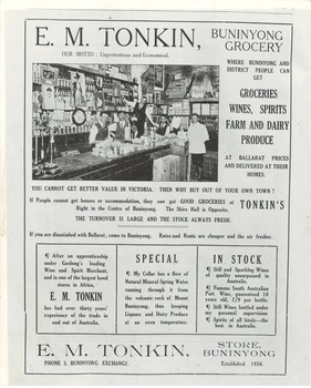 Full page advertisement from1921 newsaper for Buninyong Grocers, text surrounding photograph of interior of store with five male shop assistants. 