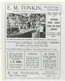 Full page advertisement from1921 newsaper for Buninyong Grocers, text surrounding photograph of interior of store with five male shop assistants. 