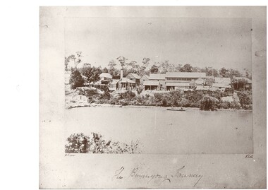 This image shows the rear of the Buninyong Tannery complex and the Tannery dam in the foreground