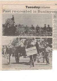 Newspaper photograph taken of Buninyong and District Historical Society's winning entry in the Buninyong Festival Parade and accompanying newspaper picture showing the role of market gardeners in Buninyong's past. 