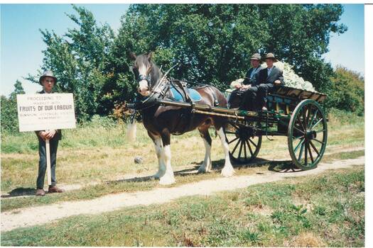 Colour photograph of Buninyong Historical Society entry featuring a Clydesdale, her fully laden cart and drivers in Buninyong Festival Parade and accompanying sign.