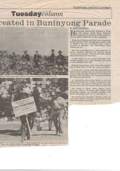 The newspaper article titled "Past re-created in Buninyong" outlined the history of Buninyong's market gardeners and why they were the focus of the   festival theme "Fruits of Our Labour". The article also reported that the Society's cart had won the John Fisken Award for the best entry.