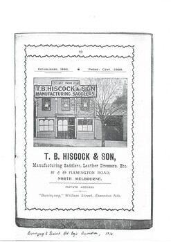 Photocopy of magazine advertisement of saddlery in North Melbourne, with monochrome  photo of two-story business premises.