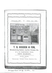 Photocopy of magazine advertisement of saddlery in North Melbourne, with monochrome  photo of two-story business premises.