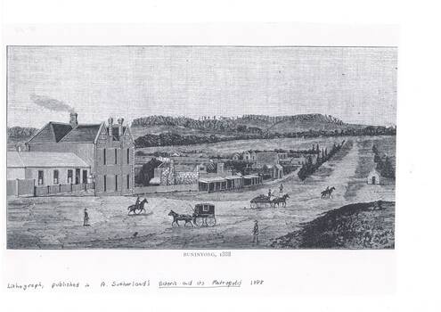 A black and white copy of Lithograph of Learmonth Street Buninyong from Sutherland's "Victoria and its Metropolis"1888 showing the Crown Hotel, shops and surrounding countryside.