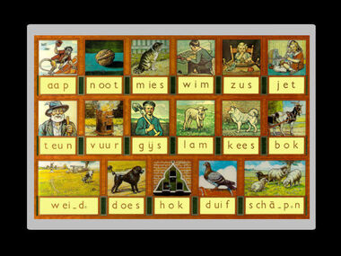Placemat with laminated copy of aap-noot-mies reading board (leesplankje) in A4 size, Dutch Australia Heritage Centre, December 2012