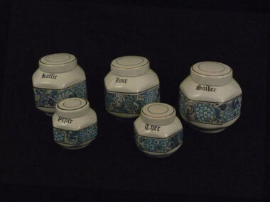 Porcelain storage containers for "Koffie" "Thee" "Suiker" "Peper" and "Zout"
