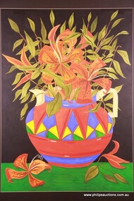 Painting - Untitled, orange flowers in multicoloured ceramic jug