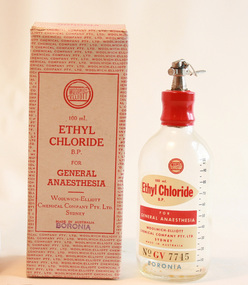 Bottle of ethyl chloride and original packaging, Woolwich-Eliott Chemical Company Pty. Ltd