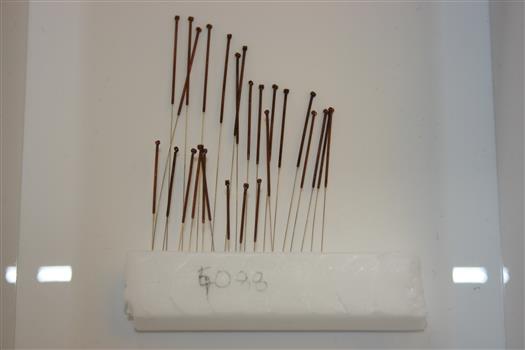 Acupuncture needles are extremely fine with a coiled end, finishing in a small knob which acts sort of like a handle. Twenty six acupuncture needles have been stuck into a styrofoam block to prevent needle stick injuries in storage.