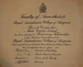 Certificate, Fellowship, Anaesthesia, 1954