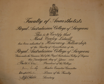 Certificate - Certificate, Fellowship, Anaesthesia, 1954