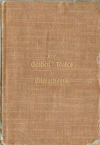 This very small book is covered is in tan coloured linen, with gold text embossed into it.