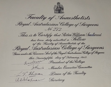 Certificate - Certificate, Fellowship, c. 1965