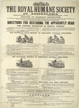 Black ink on yellowed silk, reveals the ways in which the Royal Humane Society of Australasia promoted the idea of resuscitation, or as they called it, 'restoring the apparently dead'.