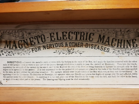 Image of label inside wooden box stating the equipment for "nervous and other diseases", with a series of directions for use. 