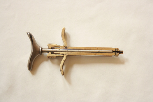 A metal dental syringe, sectioned lengthwise through the barrel.