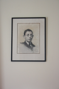 A pencil-on-paper headshot portrait of a young Geoffrey Kaye.