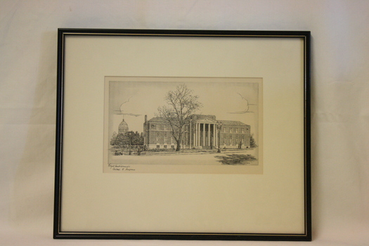 A black-pen drawing of the front facade of the Royal Australasian College of Surgeons building.