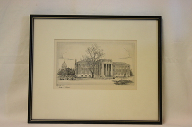A black-pen drawing of the front facade of the Royal Australasian College of Surgeons building.