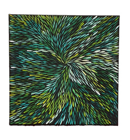 An abstract painting with green and white leaf-like patterns.