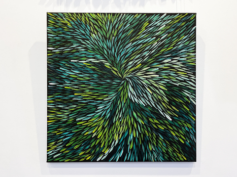 An abstract painting with green and white leaf-like patterns.