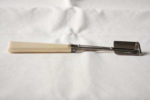A sterling silver and ivory cheese scoop.